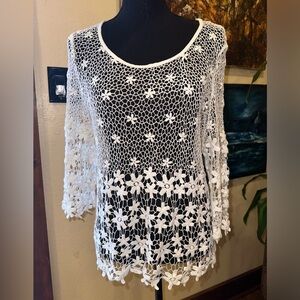 EUC Vintage Bishop  fully crochet white top sheer long sleeve no lined sz M